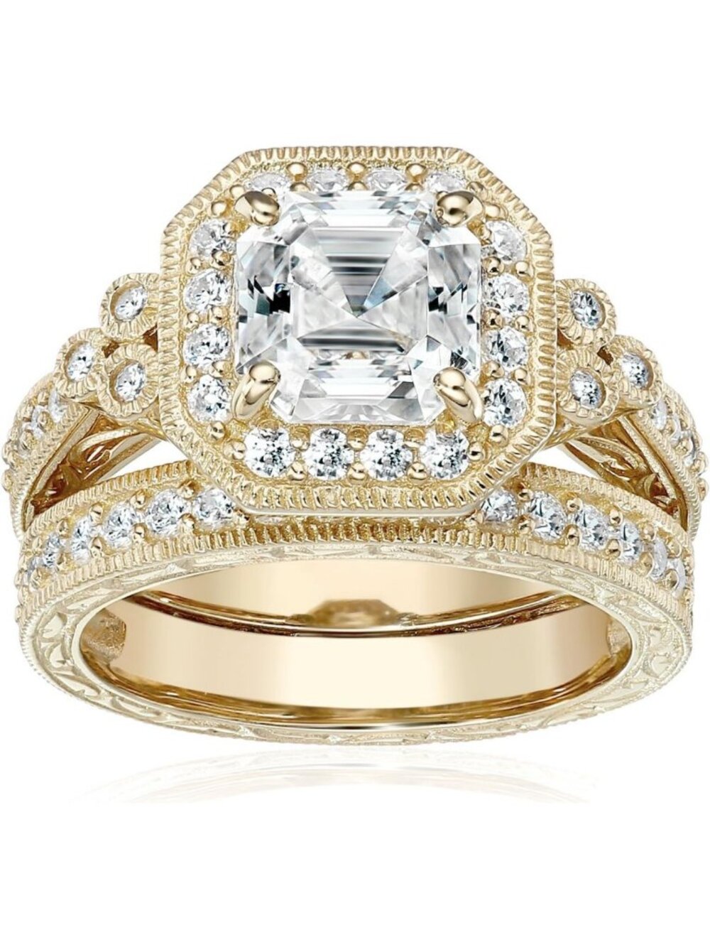 Antique Style Gold or Platinum Plated Sterling Silver Ring Set with Asscher-Cut